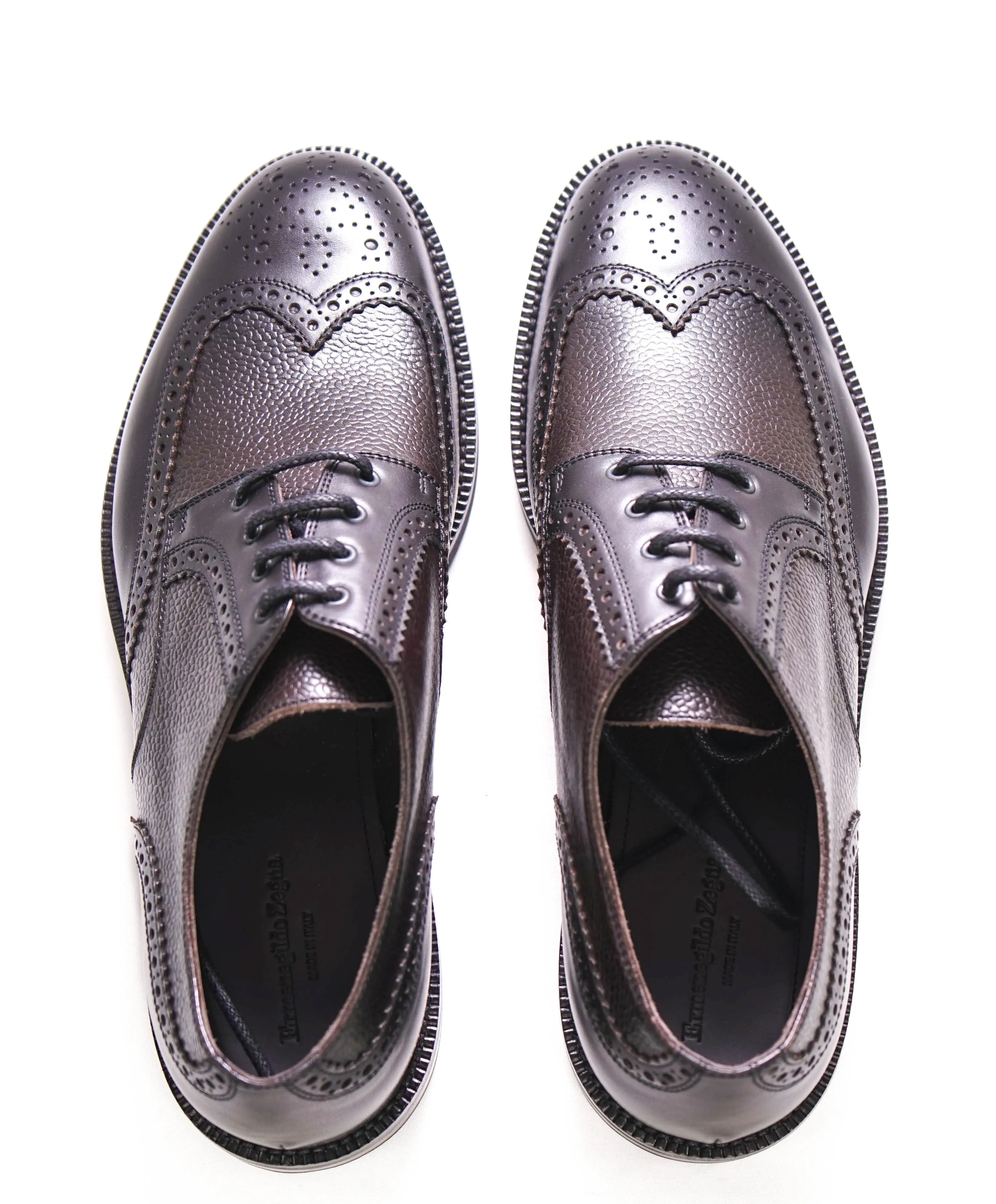 $890 ERMENEGILDO ZEGNA - Pebbled Leather Brogue Wingtip Oxfords - 12 US