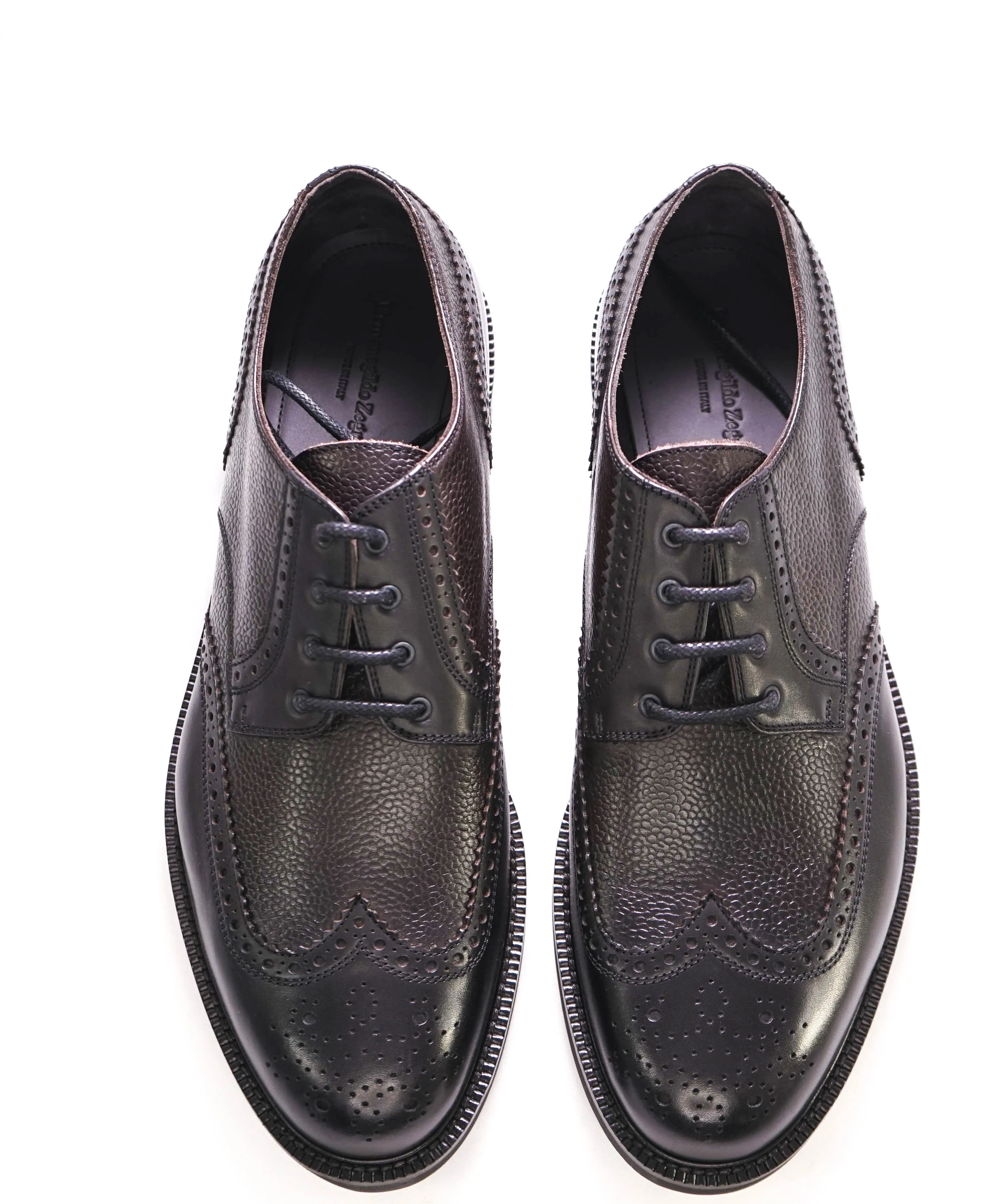 $890 ERMENEGILDO ZEGNA - Pebbled Leather Brogue Wingtip Oxfords - 12 US