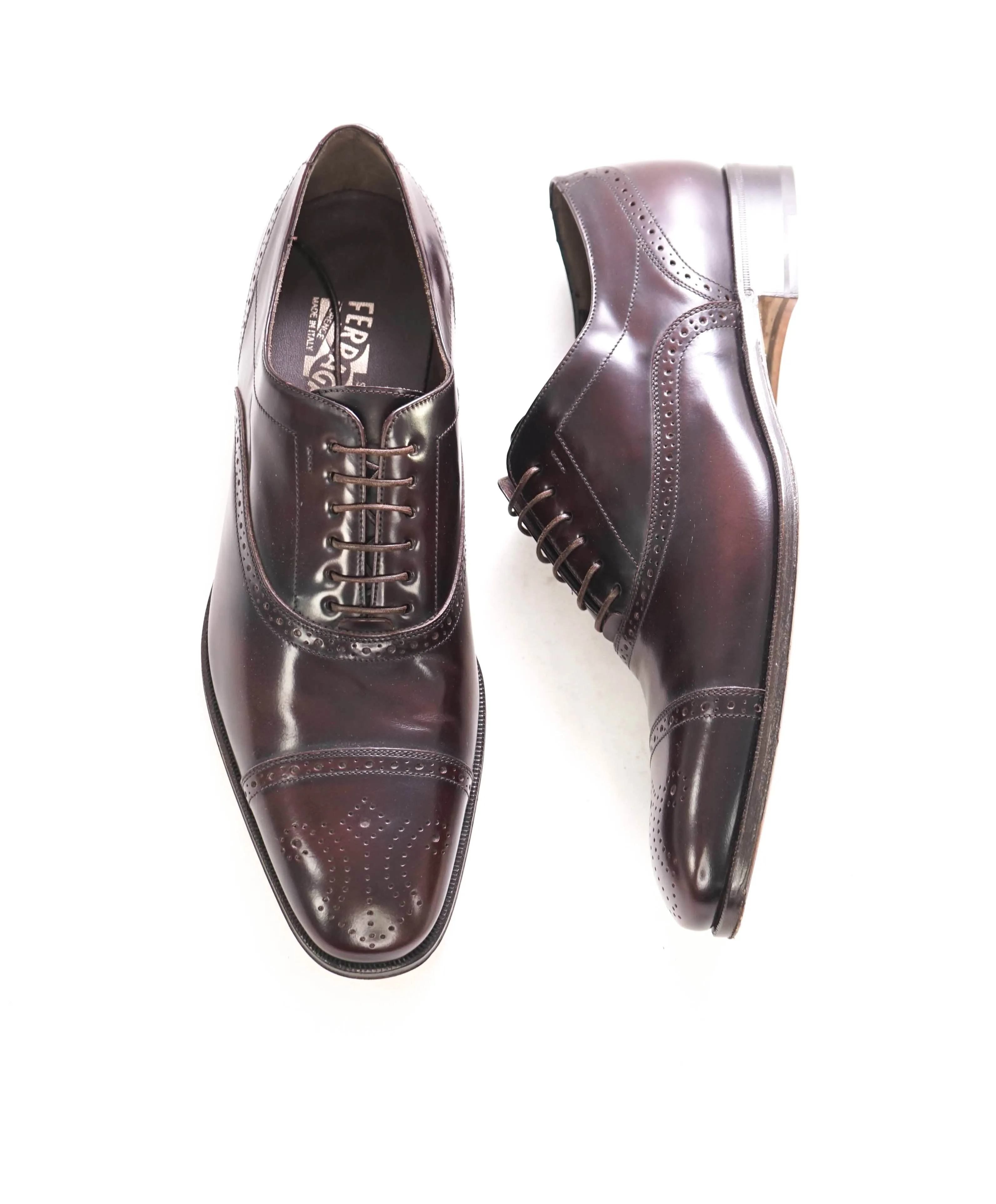 $895 SALVATORE FERRAGAMO - “Caesy” Burgundy Brogue Oxford Cap Toe- 9.5 US