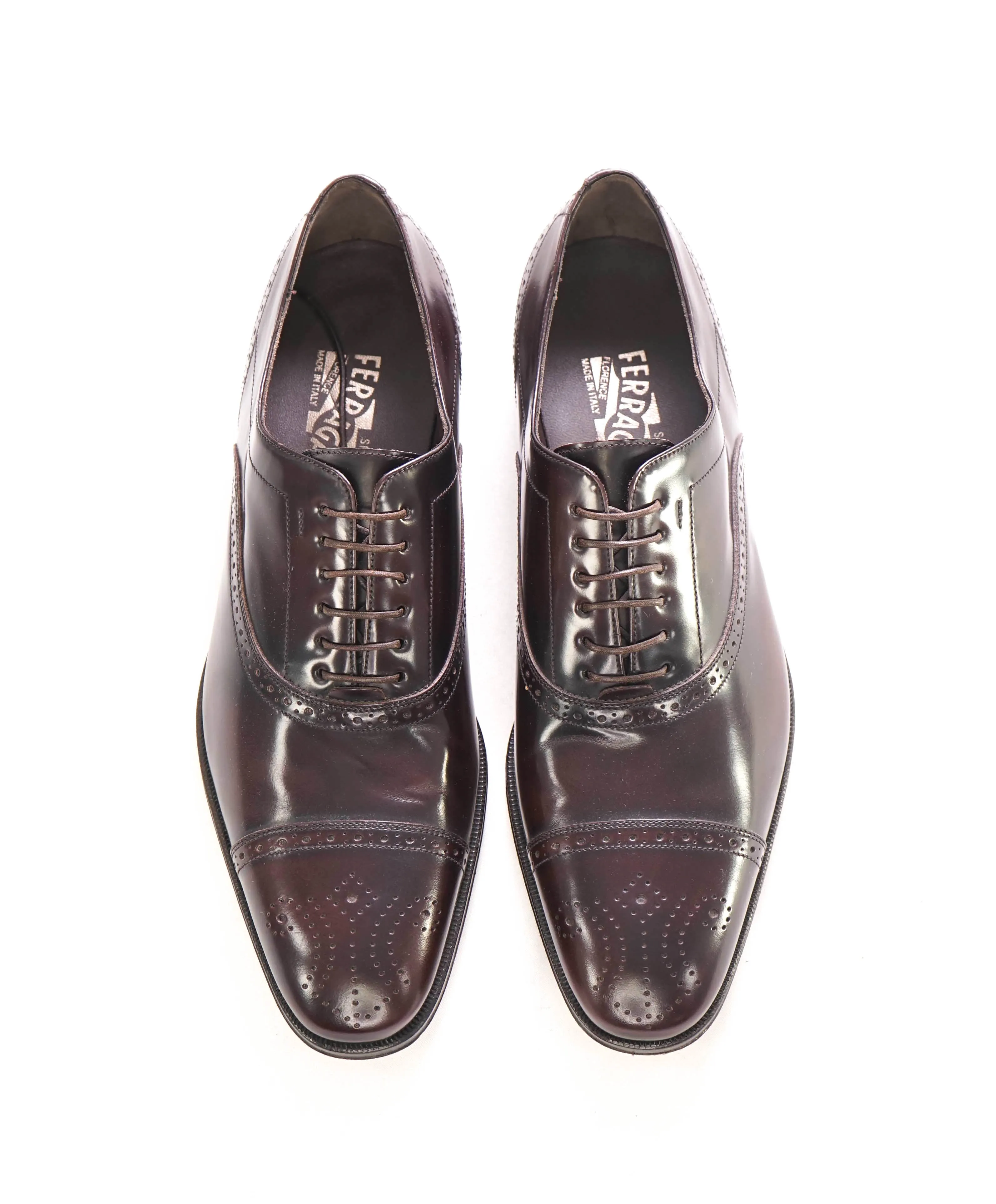 $895 SALVATORE FERRAGAMO - “Caesy” Burgundy Brogue Oxford Cap Toe- 9.5 US