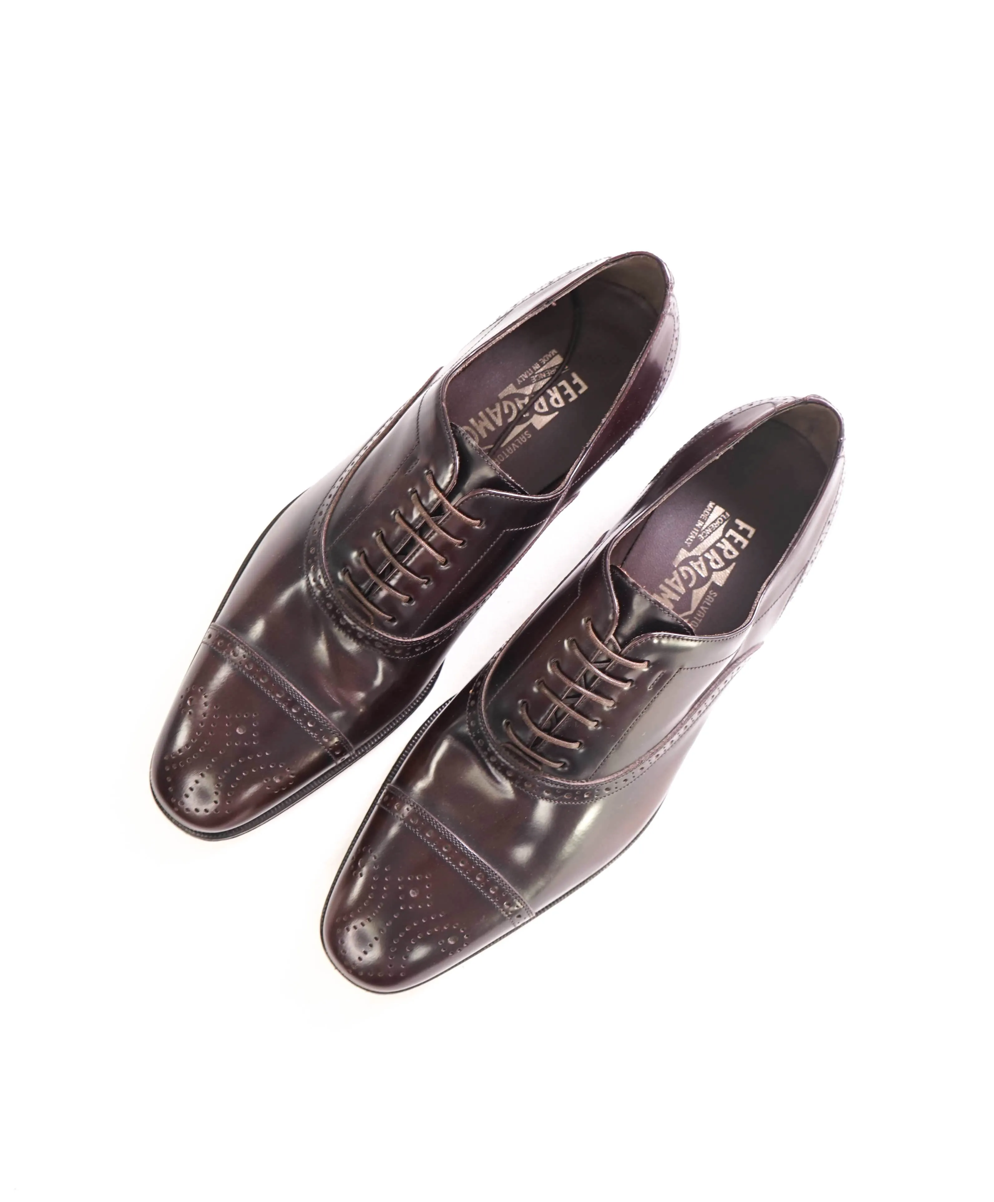 $895 SALVATORE FERRAGAMO - “Caesy” Burgundy Brogue Oxford Cap Toe- 9.5 US