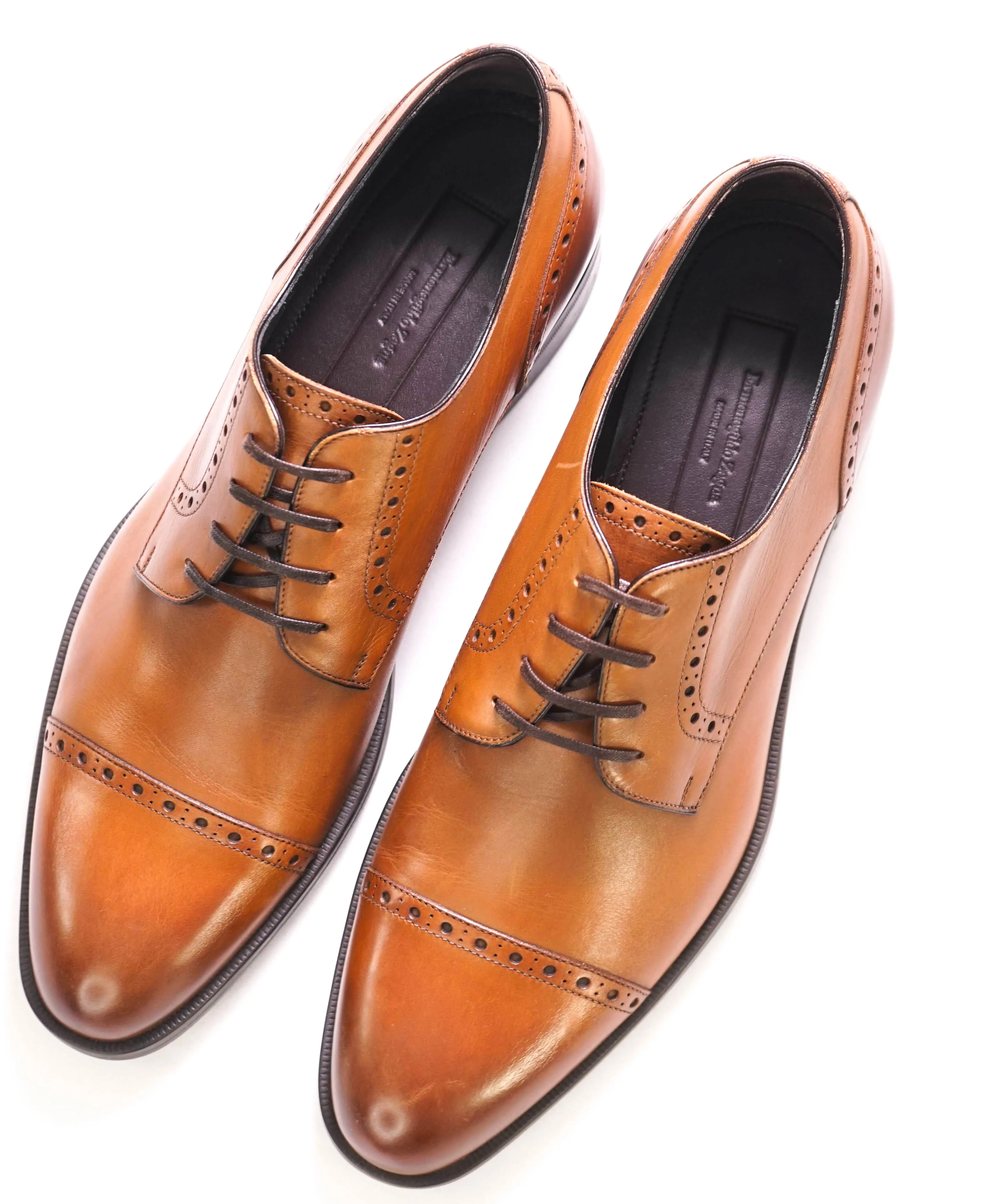 $960 ERMENEGILDO ZEGNA - "Avenue Flex" Brown Brogue Cap-Toe Oxford - 9.5 US