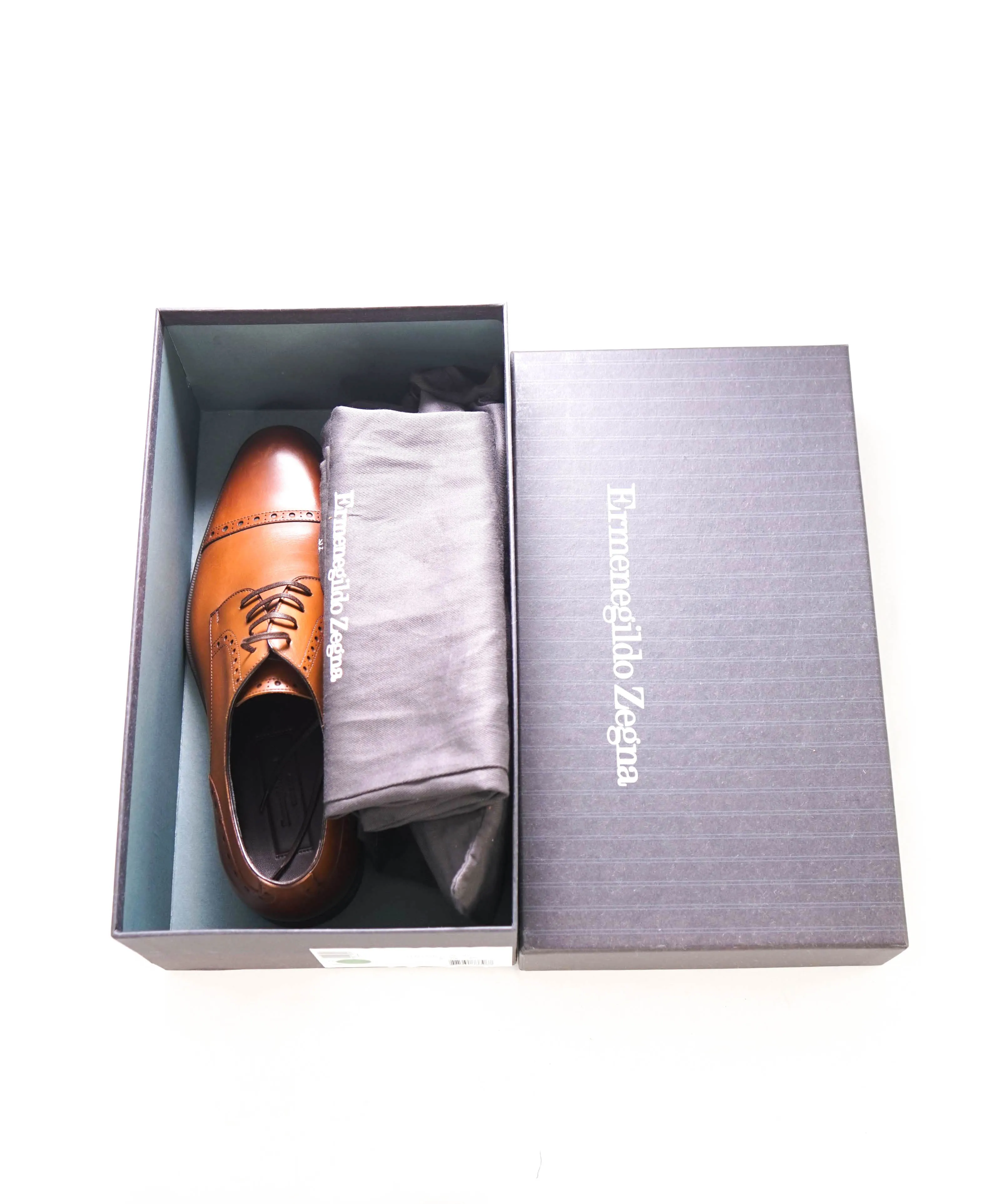 $960 ERMENEGILDO ZEGNA - "Avenue Flex" Brown Brogue Cap-Toe Oxford - 9.5 US