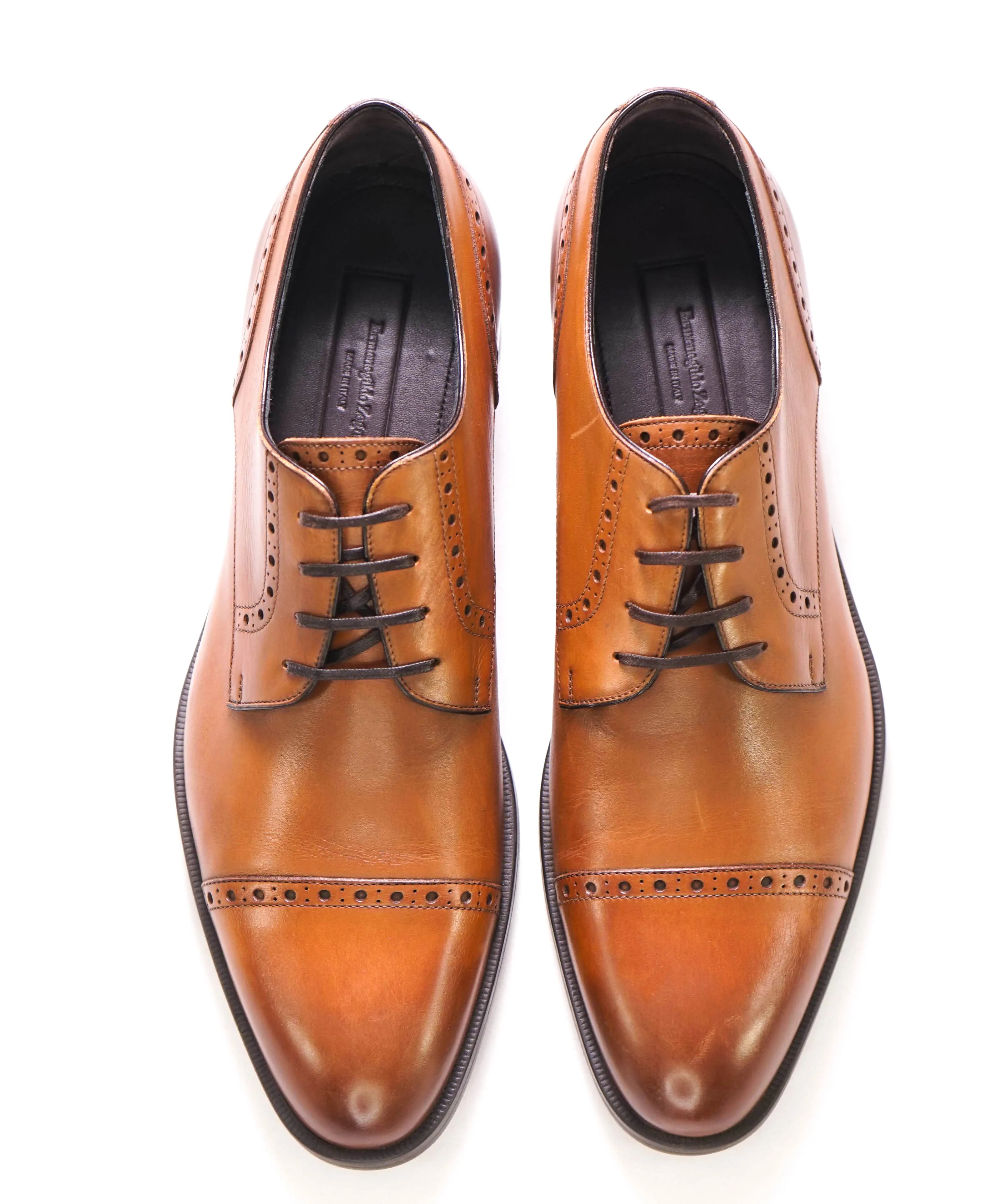 $960 ERMENEGILDO ZEGNA - "Avenue Flex" Brown Brogue Cap-Toe Oxford - 9.5 US