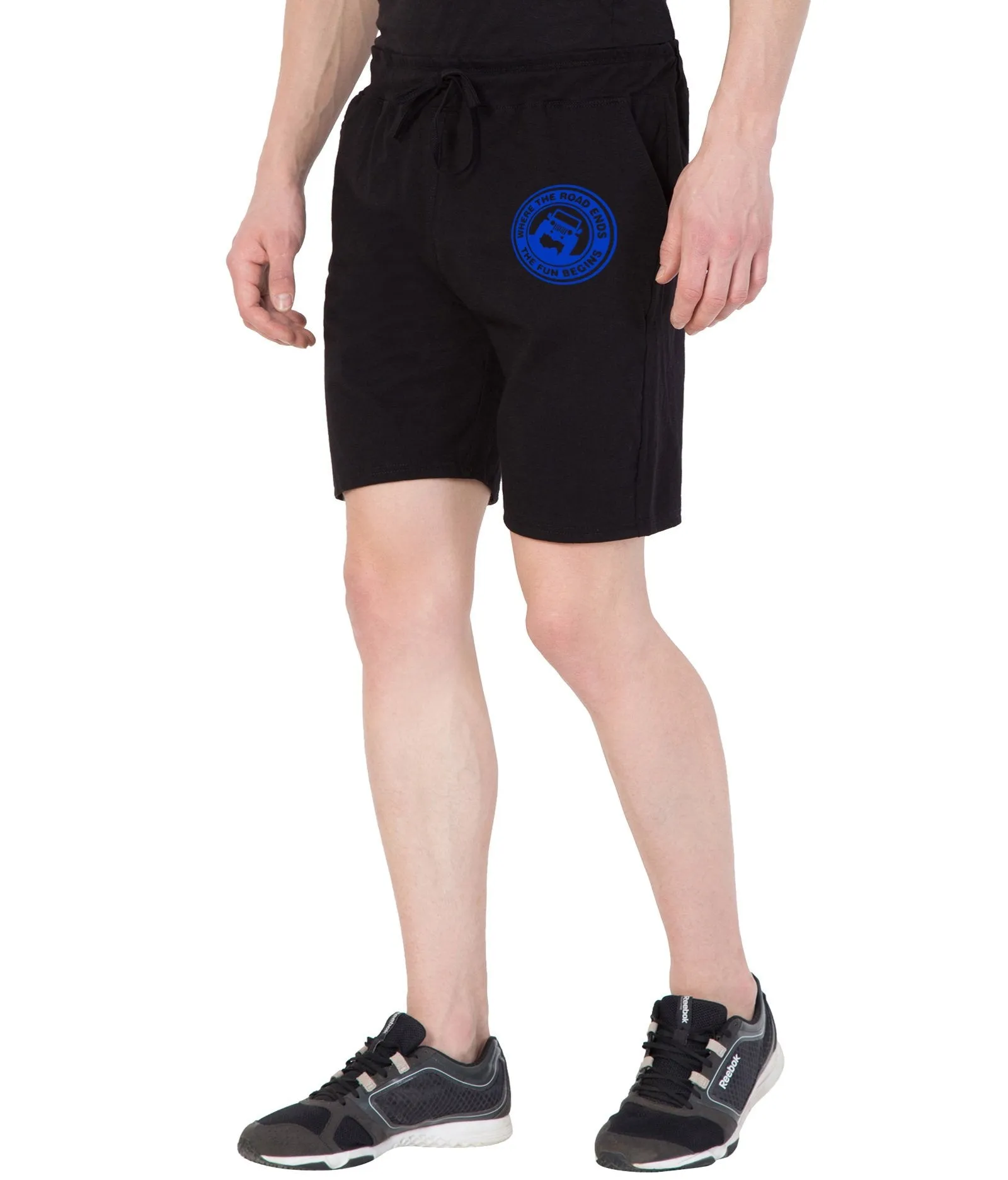 American-Elm Men's Black Cotton Blue Printed Round Jeep Design Short