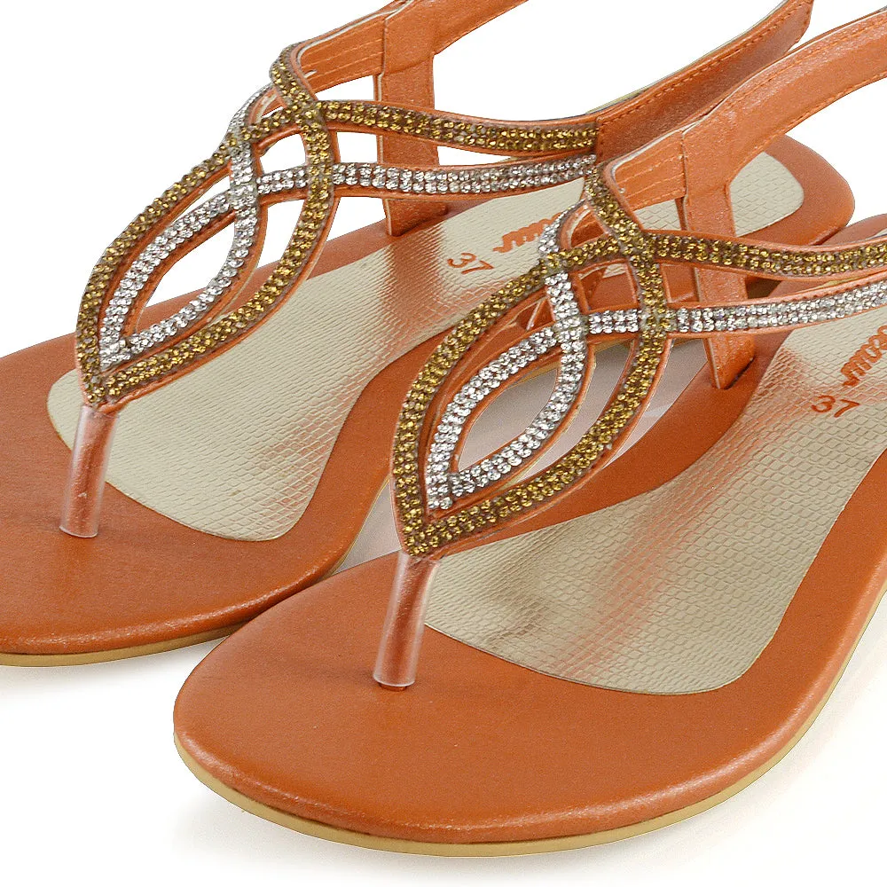 Arabella Diamante Detail Sling Back Strappy Low Heel Toe Post Flat Sandals for Women in Orange