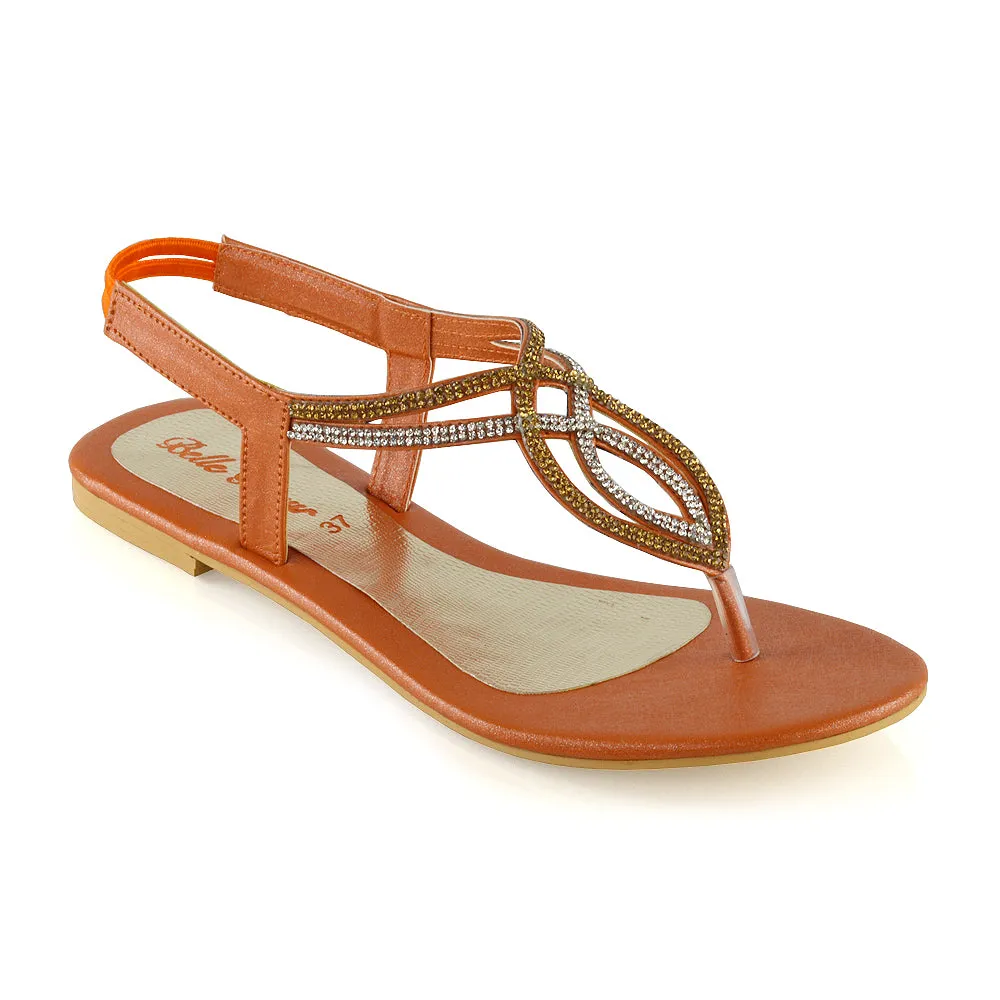 Arabella Diamante Detail Sling Back Strappy Low Heel Toe Post Flat Sandals for Women in Orange