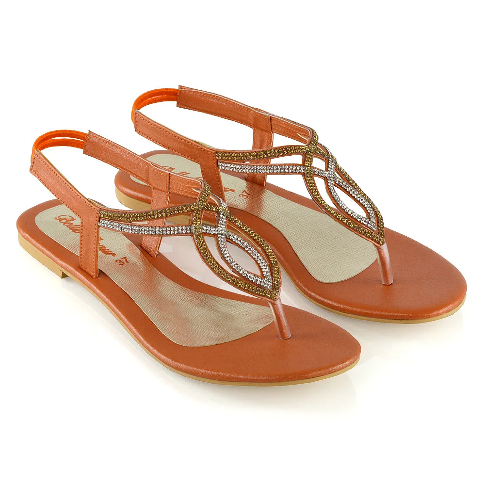 Arabella Diamante Detail Sling Back Strappy Low Heel Toe Post Flat Sandals for Women in Orange