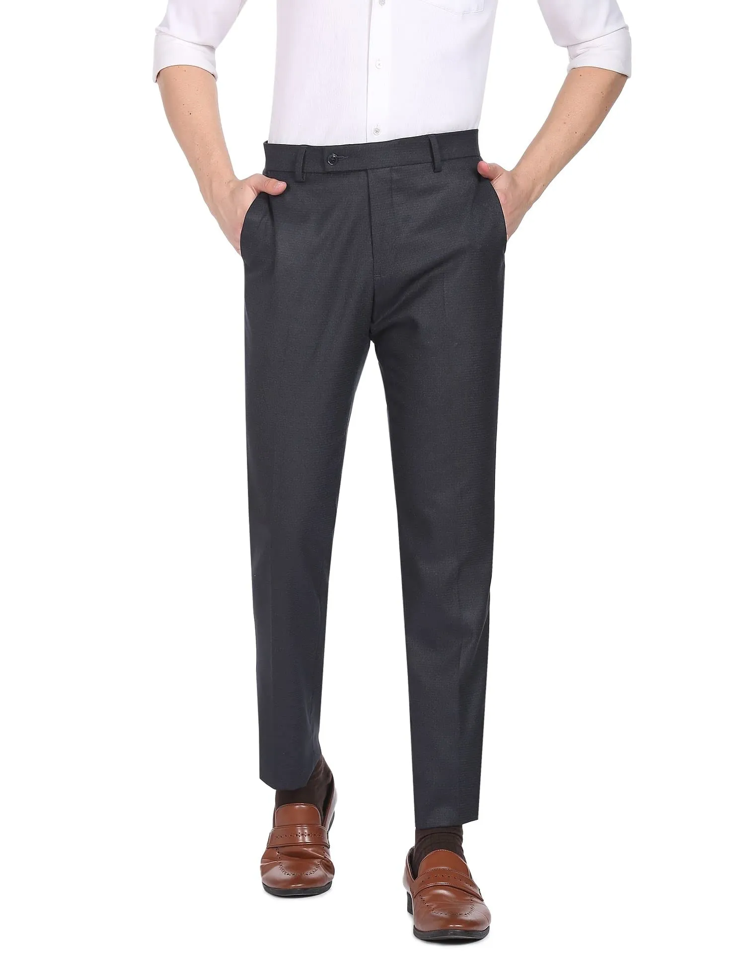 Arrow Self Design Tailored Fit Smart Flex Twill Formal Trouser Navy