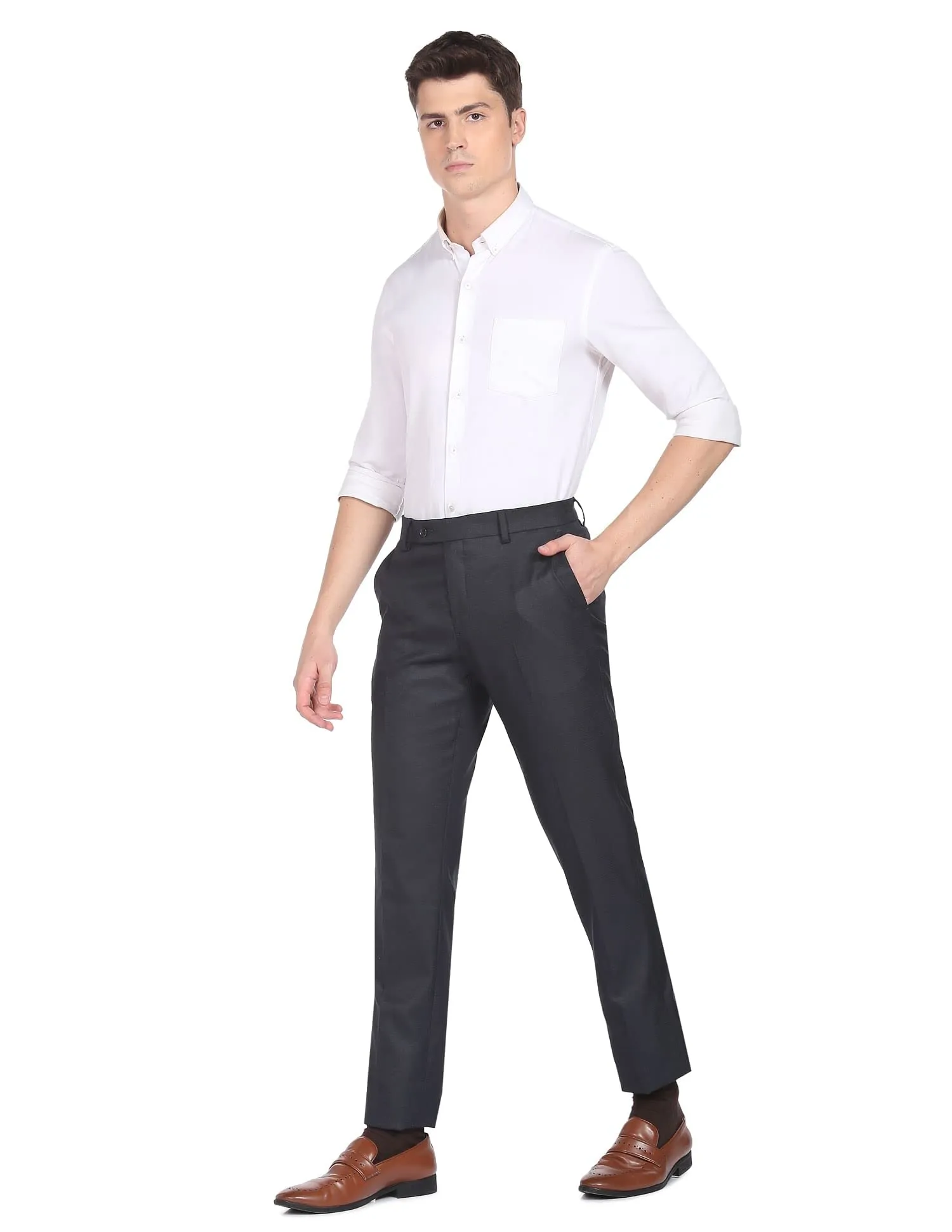 Arrow Self Design Tailored Fit Smart Flex Twill Formal Trouser Navy