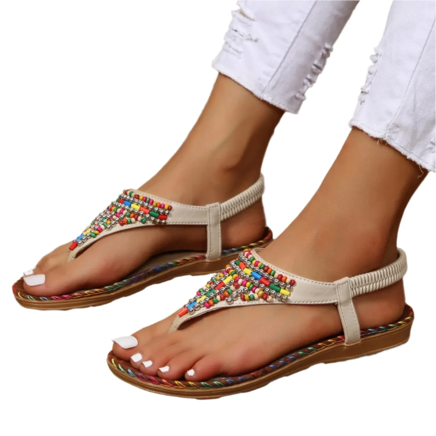 Beaded PU Leather Open Toe Sandals