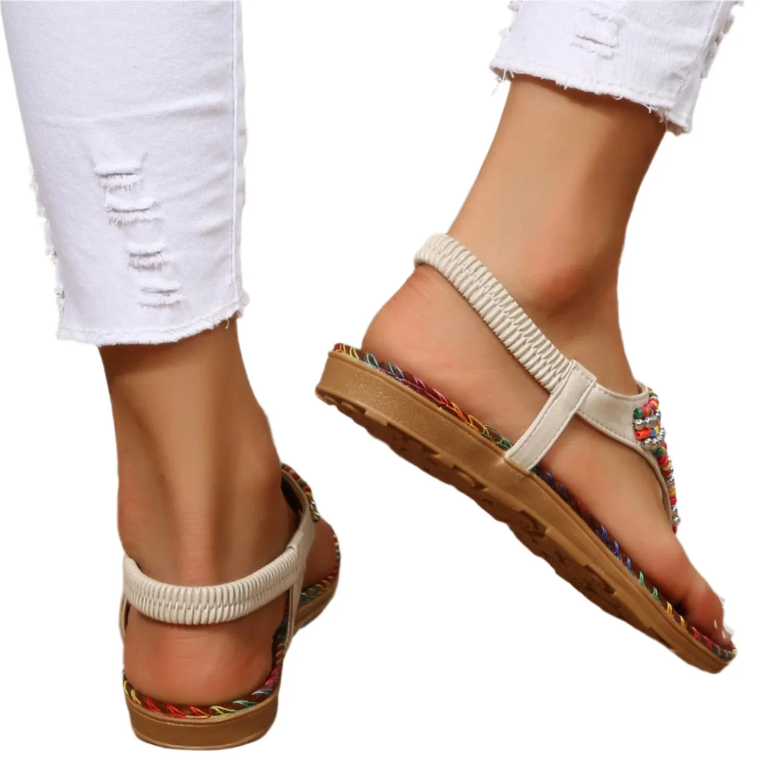 Beaded PU Leather Open Toe Sandals