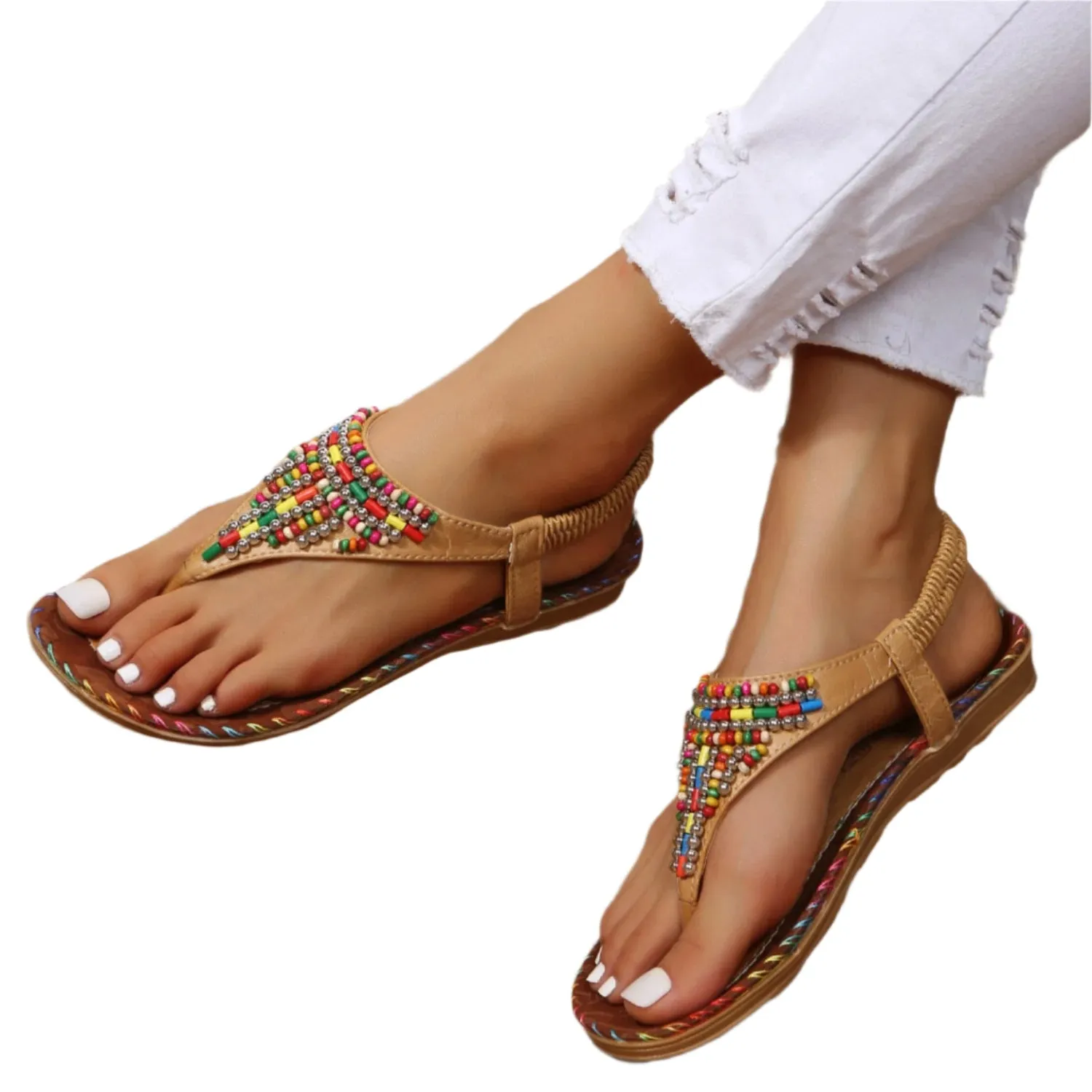 Beaded PU Leather Open Toe Sandals