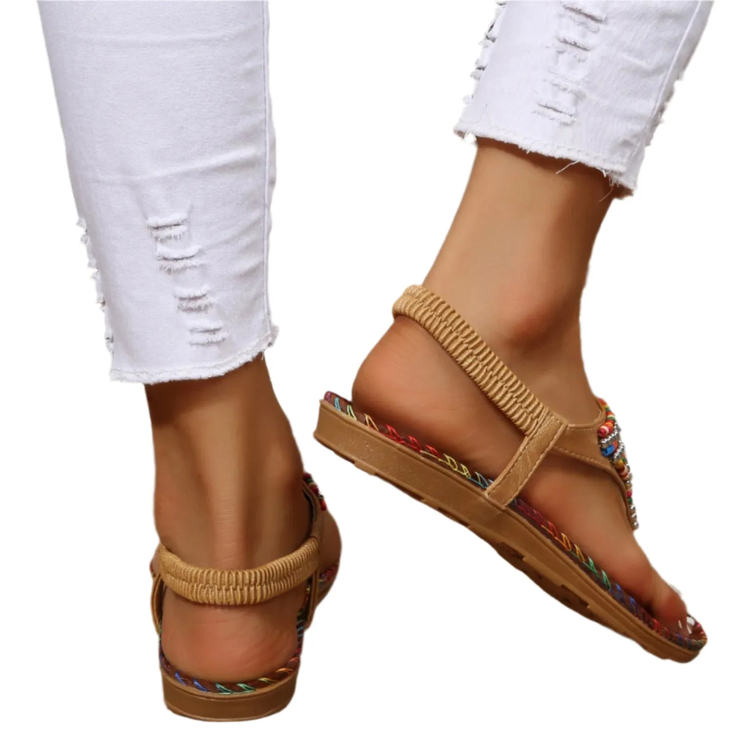 Beaded PU Leather Open Toe Sandals