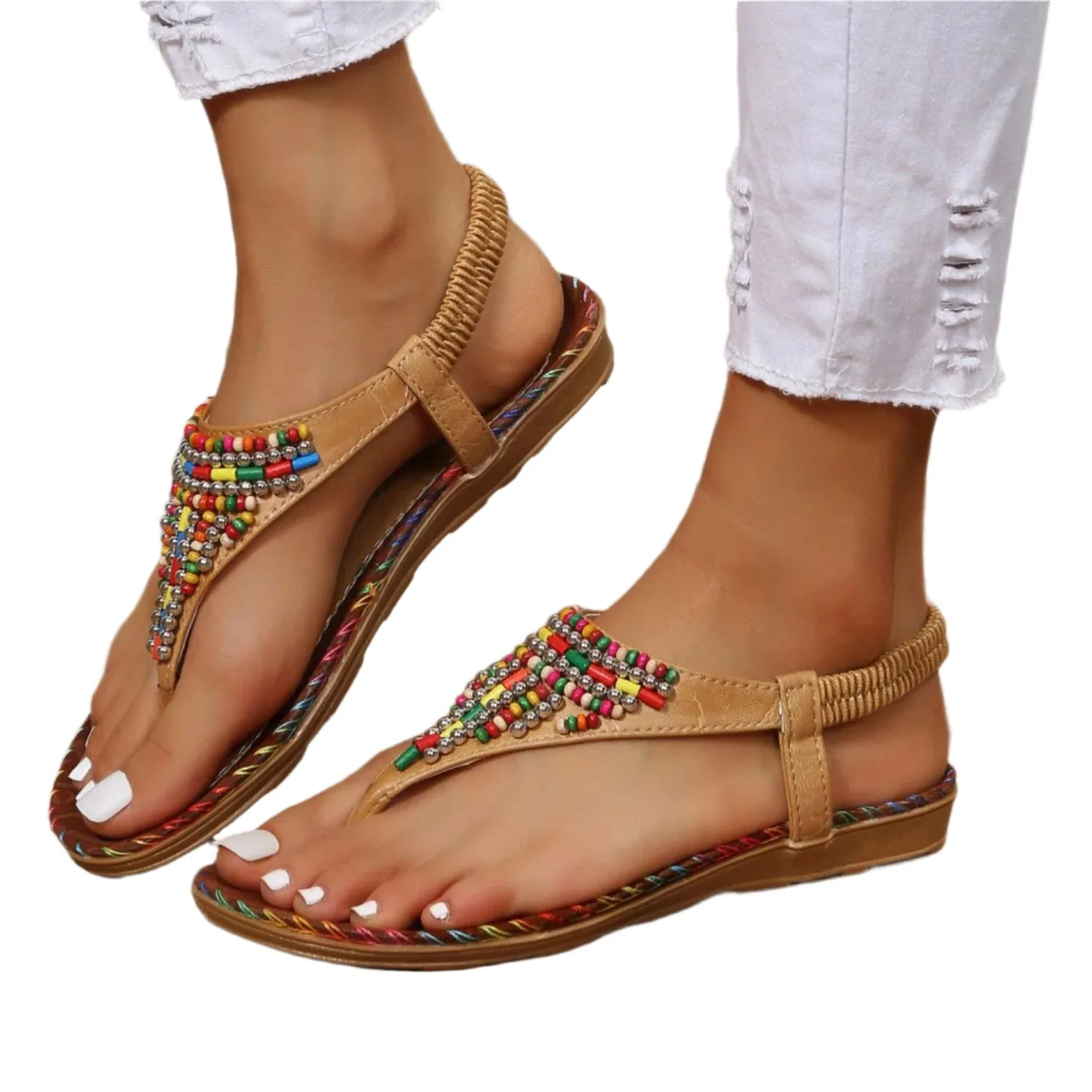 Beaded PU Leather Open Toe Sandals