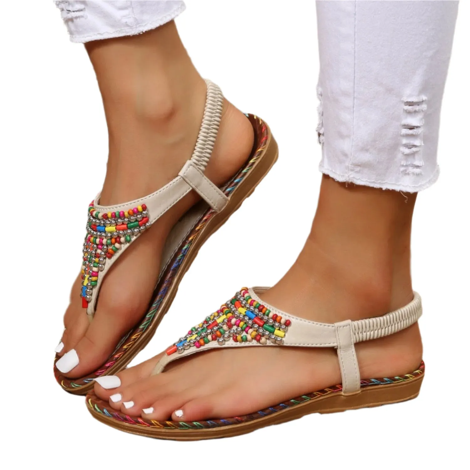 Beaded PU Leather Open Toe Sandals