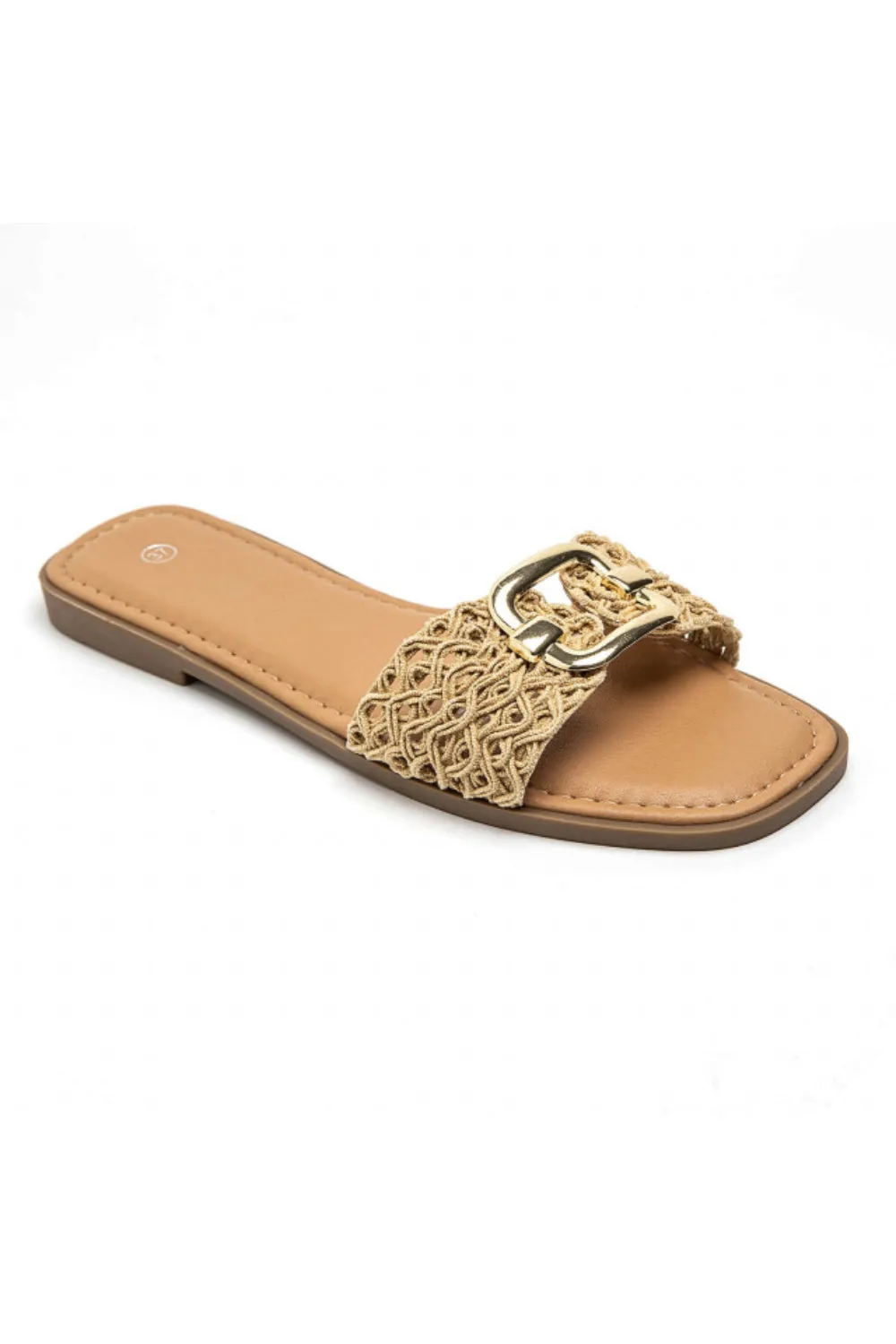 BEIGE NETTED BUCKLE DETAIL FLAT SANDALS