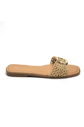 BEIGE NETTED BUCKLE DETAIL FLAT SANDALS