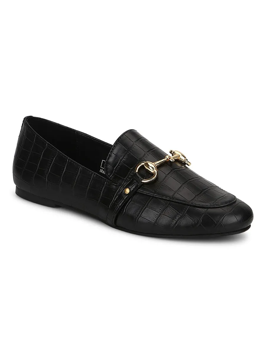 Black Croc PU Loafer Shoes With Gold Chain