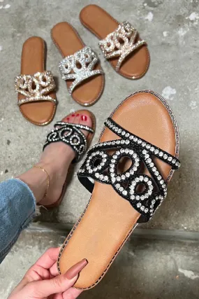 BLACK DIAMANTE DETAIL SPARKLY FLAT SLIDER SANDALS