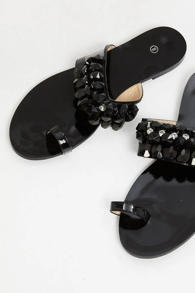 Black Embellished Flat Slides