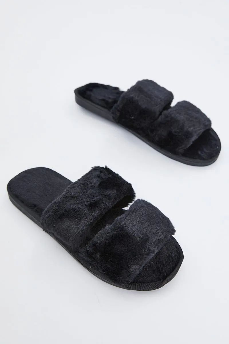 Black Faux Fur Fluffy Slides