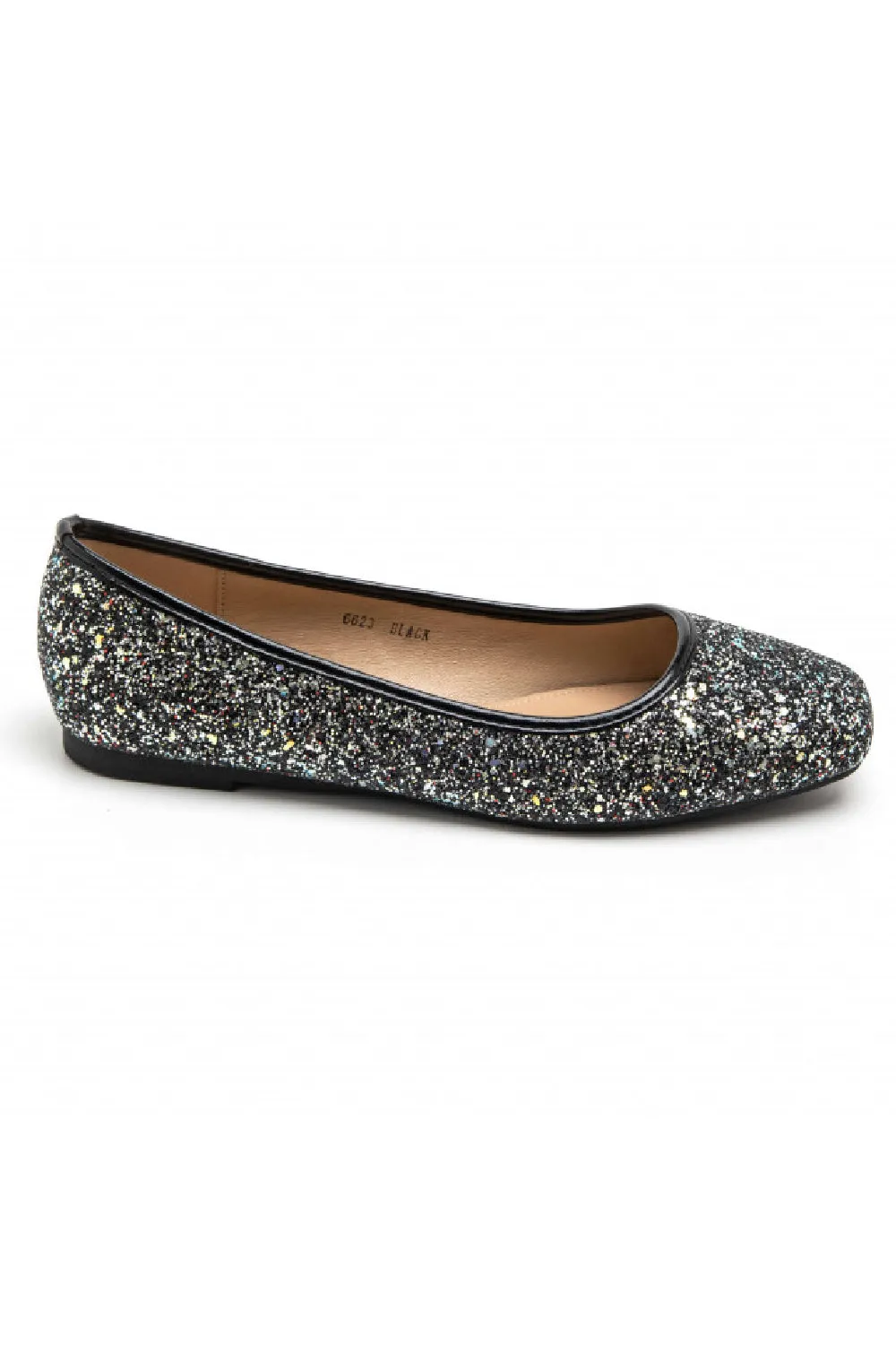 BLACK GLITTER DETAIL BALLET FLATS SLIP ON BALLERINA SHOES