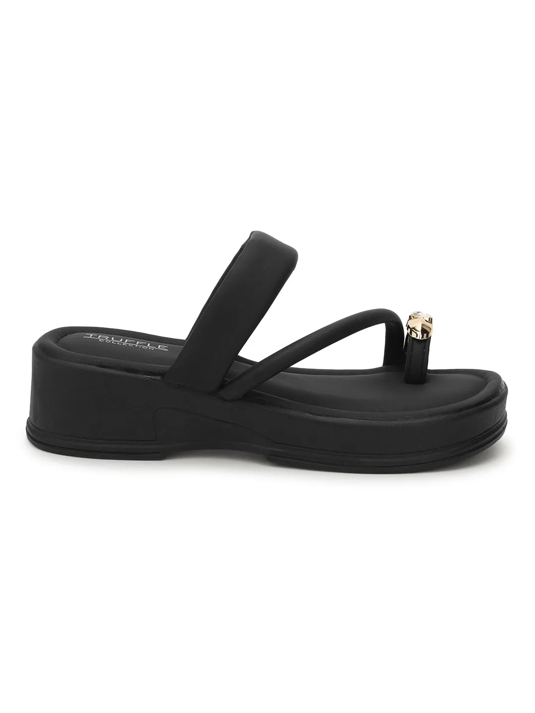 Black PU Diamond Toe Ring Slip-On Flats (TC-RS3599-BLK)