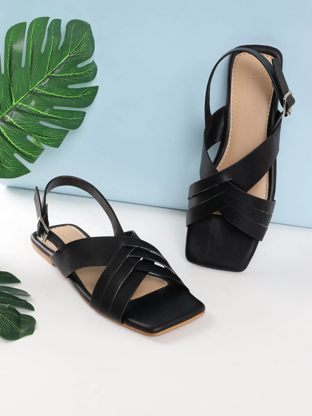 Black PU Flats Sandals (TC-ST-001-BLK)