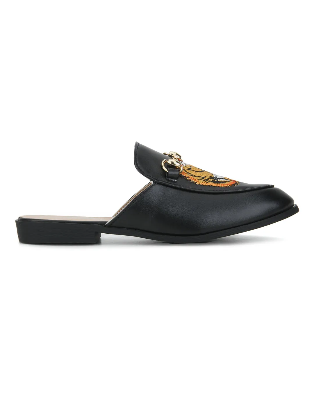 Black PU Tiger Detailed Open Back Flat Loafers