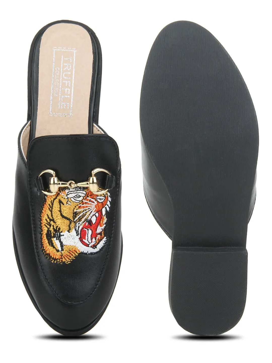 Black PU Tiger Detailed Open Back Flat Loafers