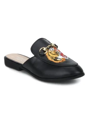 Black PU Tiger Detailed Open Back Flat Loafers