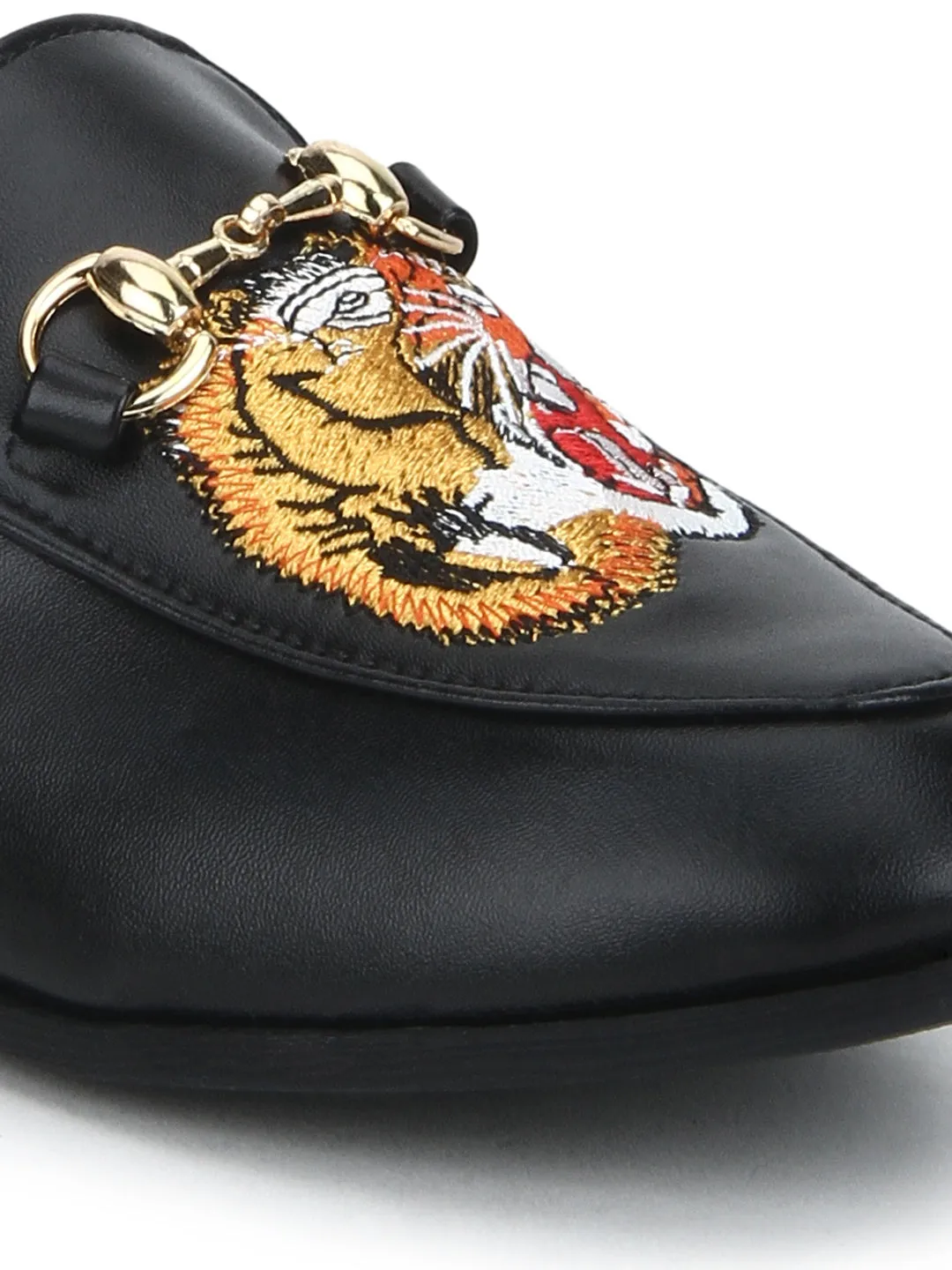 Black PU Tiger Detailed Open Back Flat Loafers