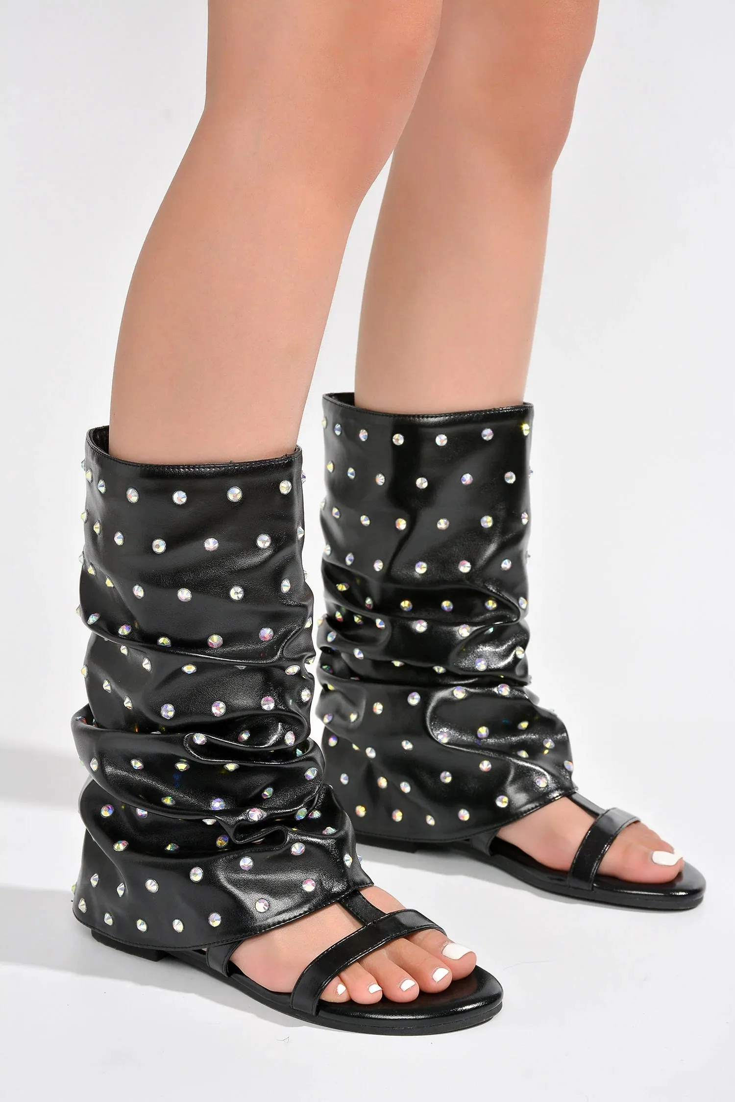 Black Rhinestone Legging Boots Flat Sandals