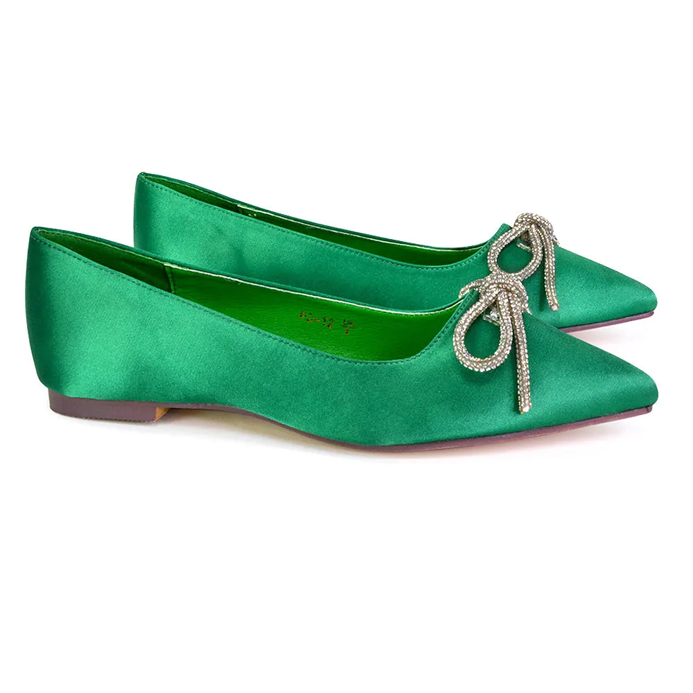 Blossom Diamante Bow Detail Pointed Toe Ballerina Pumps in Green