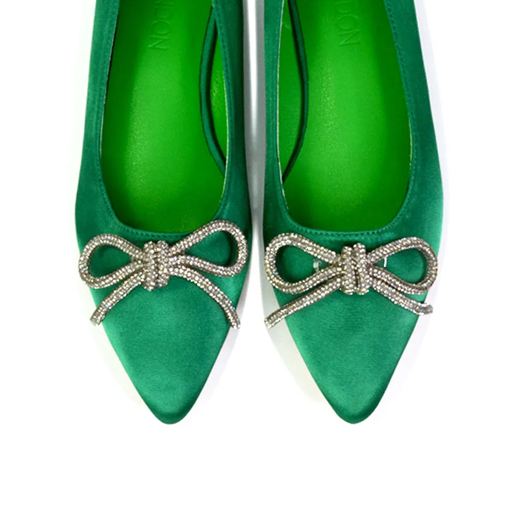 Blossom Diamante Bow Detail Pointed Toe Ballerina Pumps in Green