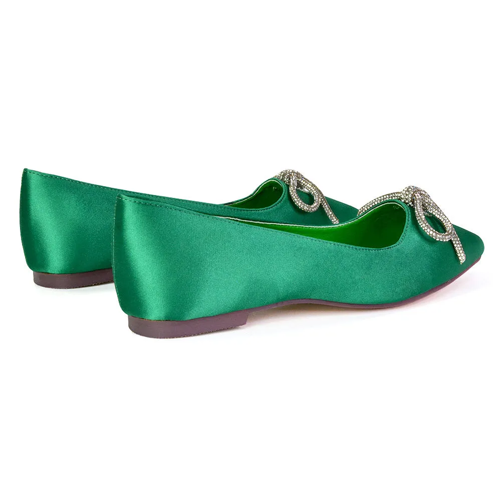 Blossom Diamante Bow Detail Pointed Toe Ballerina Pumps in Green