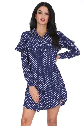 Blue Polka Dot Shirt Dress With Ruffle Detail