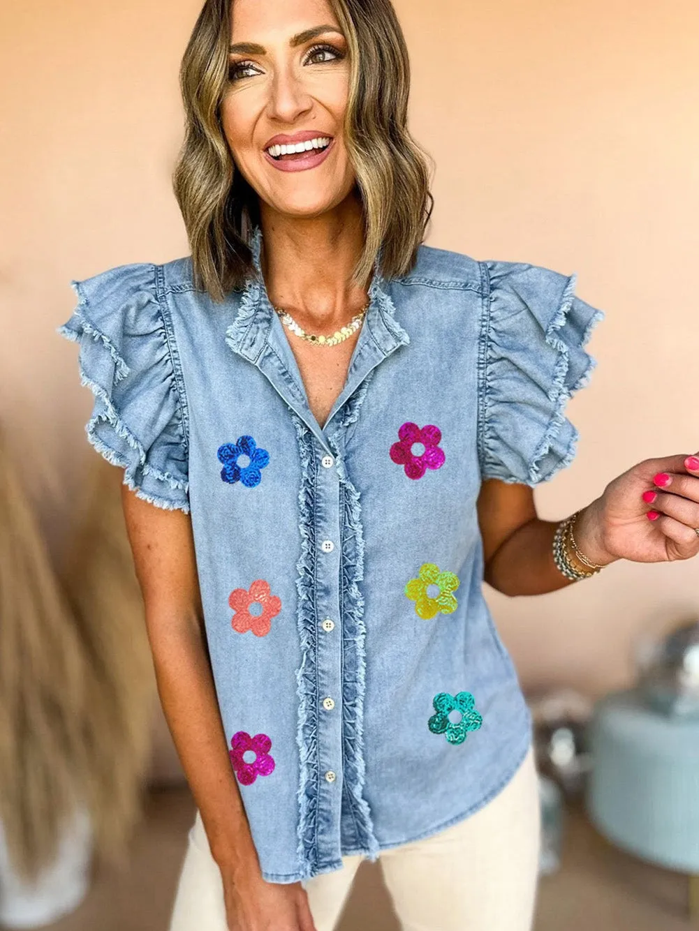 Blue Sequin Floral Ruffle Sleeve Denim Top with a Southern Belle Twist