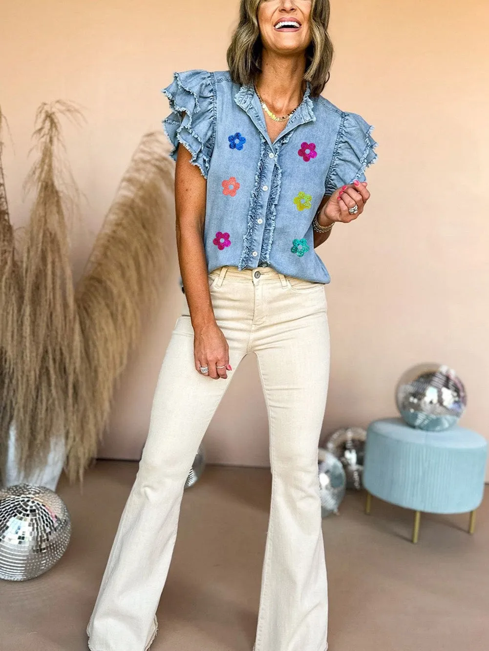 Blue Sequin Floral Ruffle Sleeve Denim Top with a Southern Belle Twist