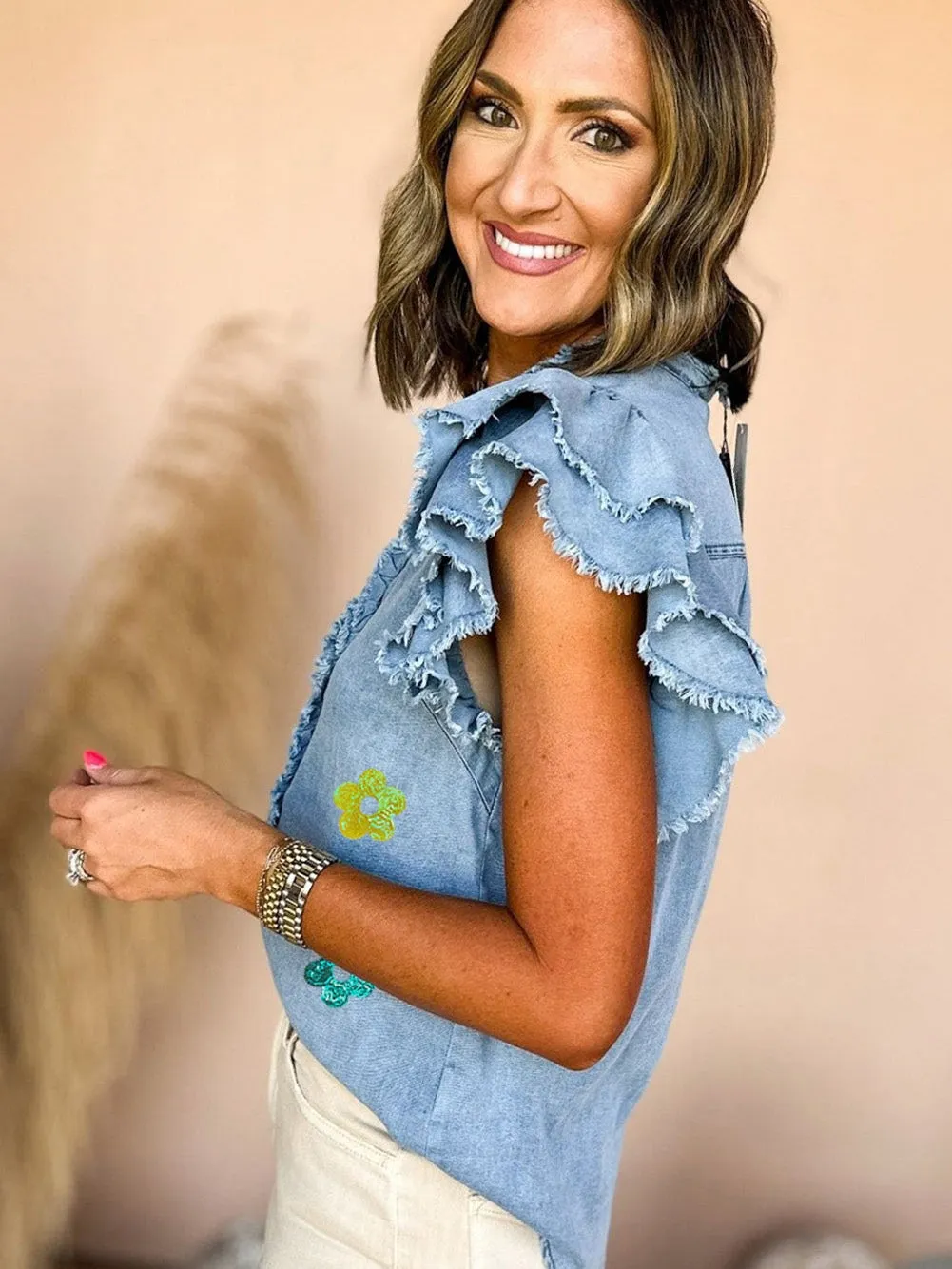 Blue Sequin Floral Ruffle Sleeve Denim Top with a Southern Belle Twist