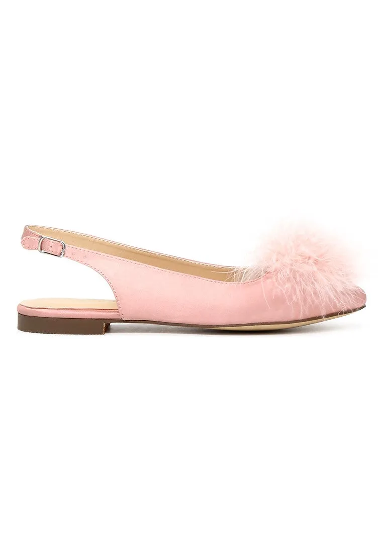 Blush Furry Pom Pom Slingback Stylish Flats