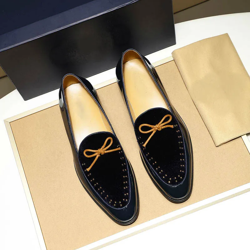 Bow Knot Detail Breathable Leather and Velvet Combination Men Loafers Shoes