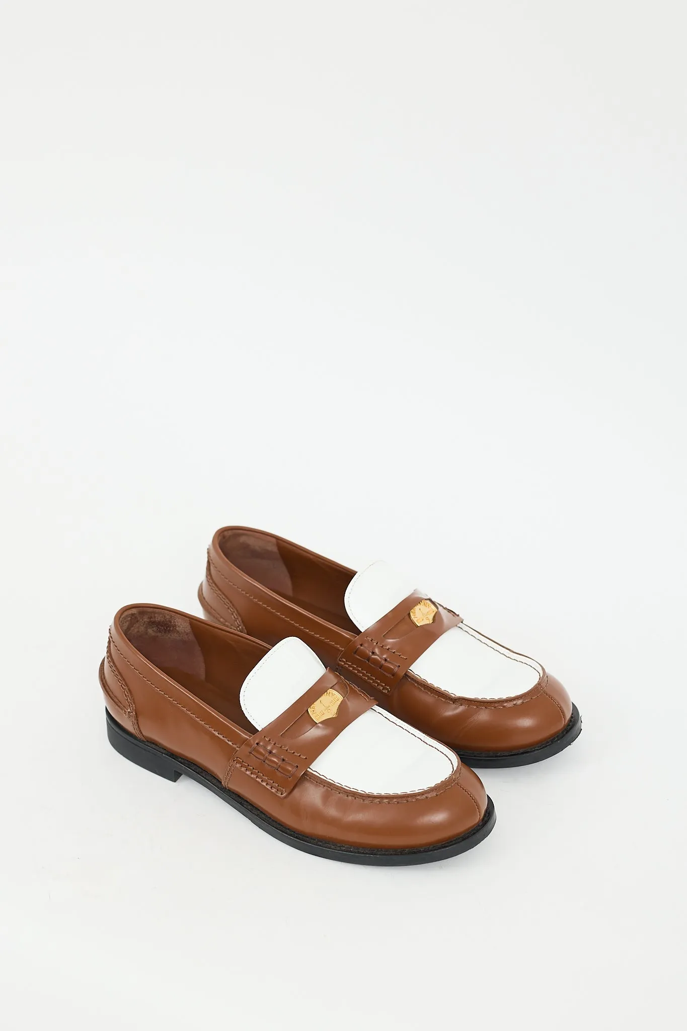 Brown & White Leather Logo Penny Loafer