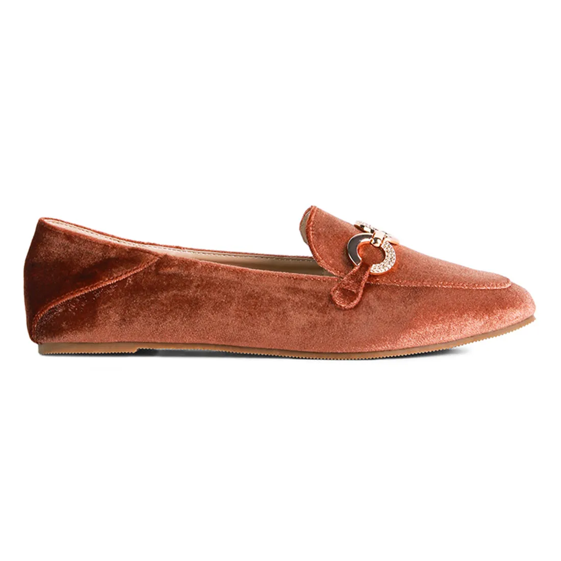 Brown Velvet Diamante Buckle Casual Loafers