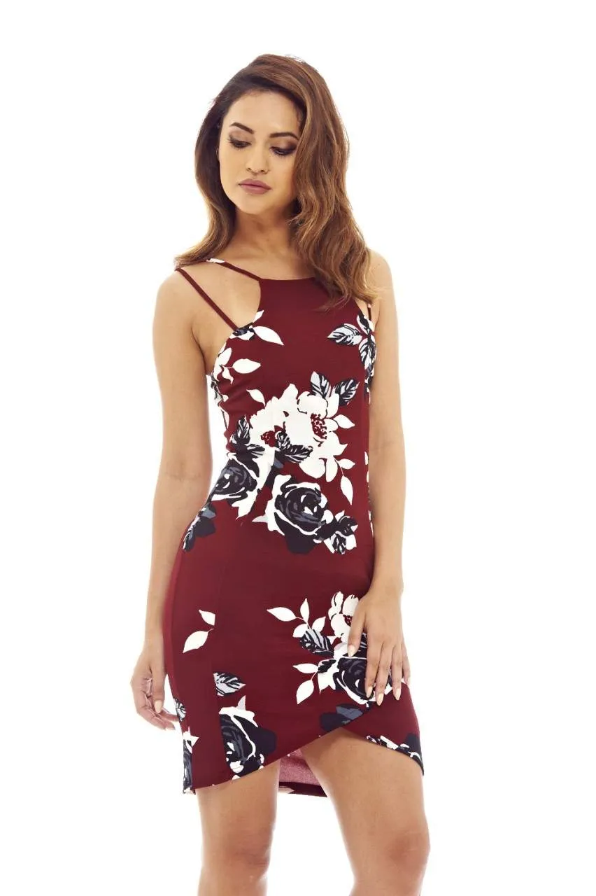 Burgundy Mini Dress with Floral Printed Detail