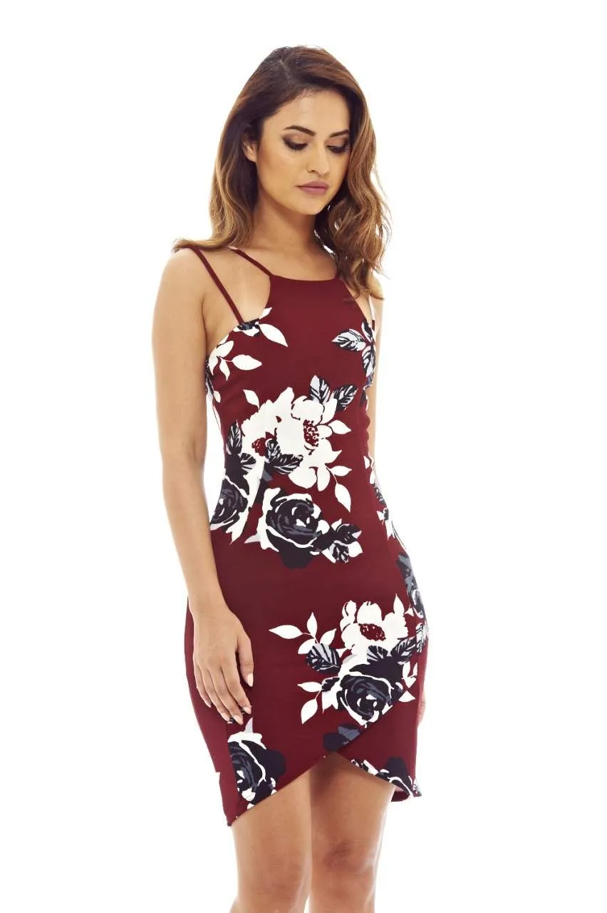 Burgundy Mini Dress with Floral Printed Detail