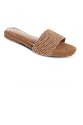 CAMEL FLAT SLIDER SANDAL WITH KNITTED FRONT STRAP