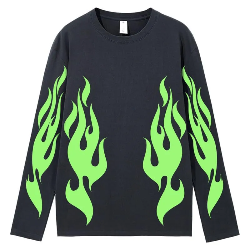 CORIRESHA Teen Fashion Flame Pattern Crewneck Long Sleeve Y2K Fall T-Shirt Top