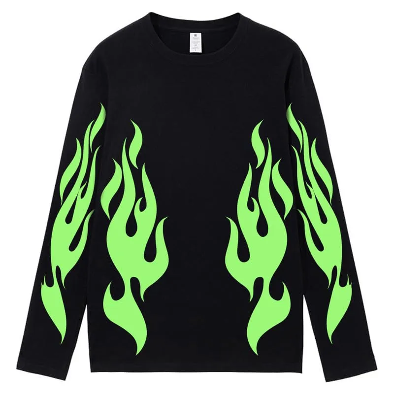 CORIRESHA Teen Fashion Flame Pattern Crewneck Long Sleeve Y2K Fall T-Shirt Top